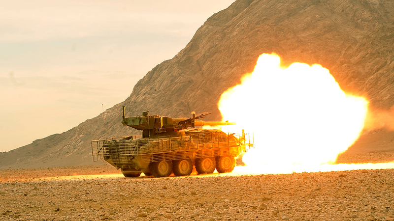 An M1128 MGS test-fires a round in Afghanistan